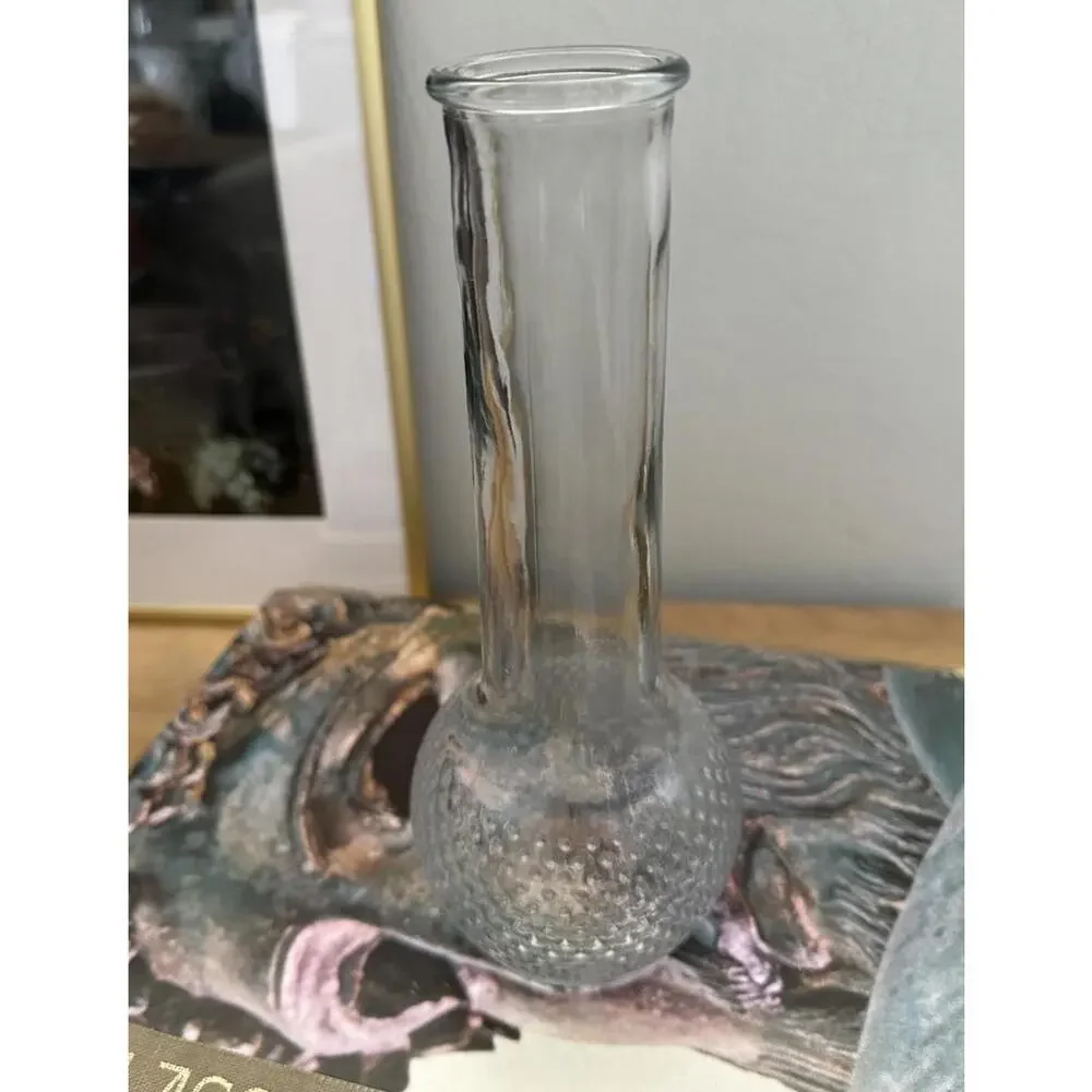 Set Of Three Vintage Green And Clear Glass Vases With Floral And Hobnail Designs